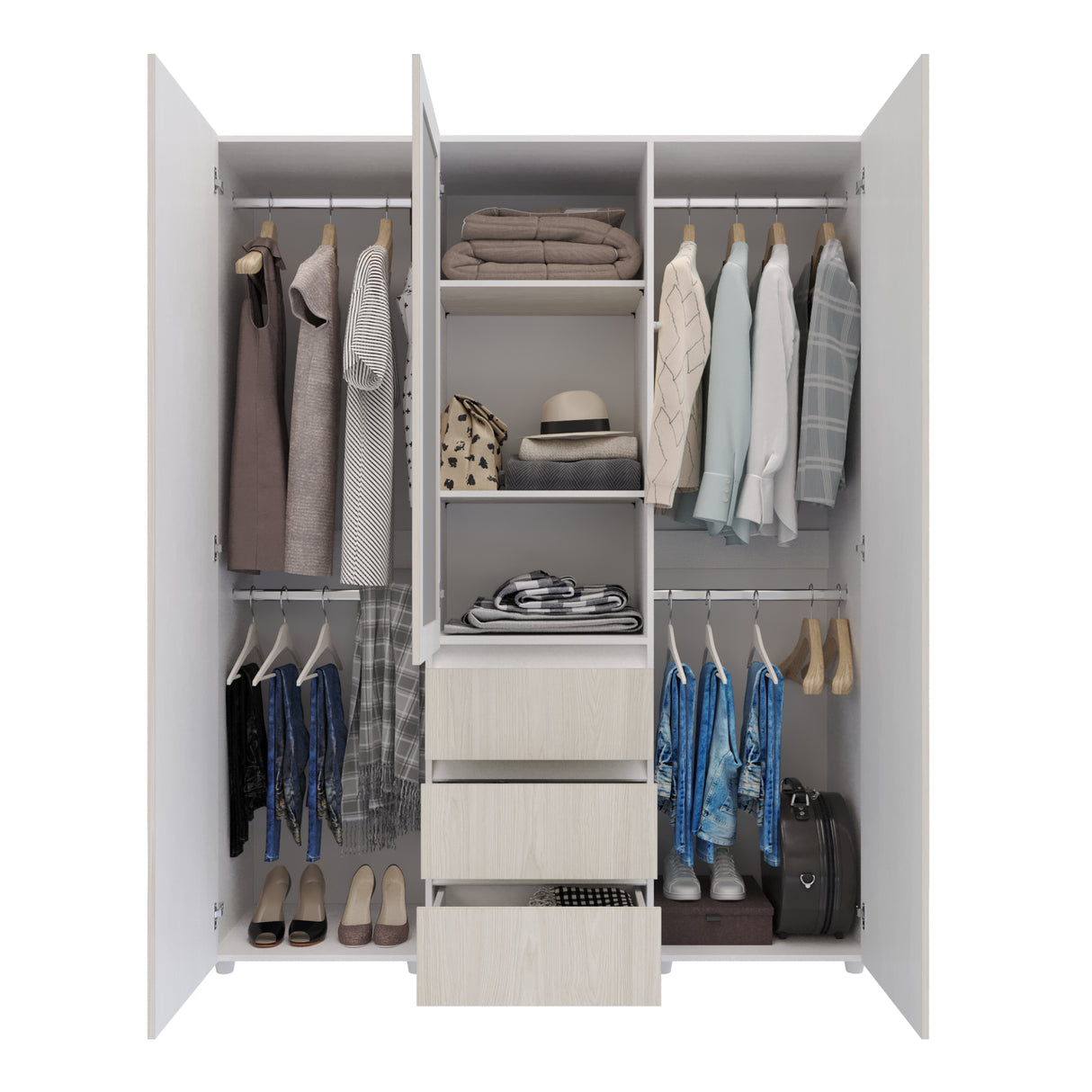 Closet Java Niebla y Blanco 160x200cm con Tres Cajones con Cinco Compartimientos y con Espejo - CLOSETS | Bylmo