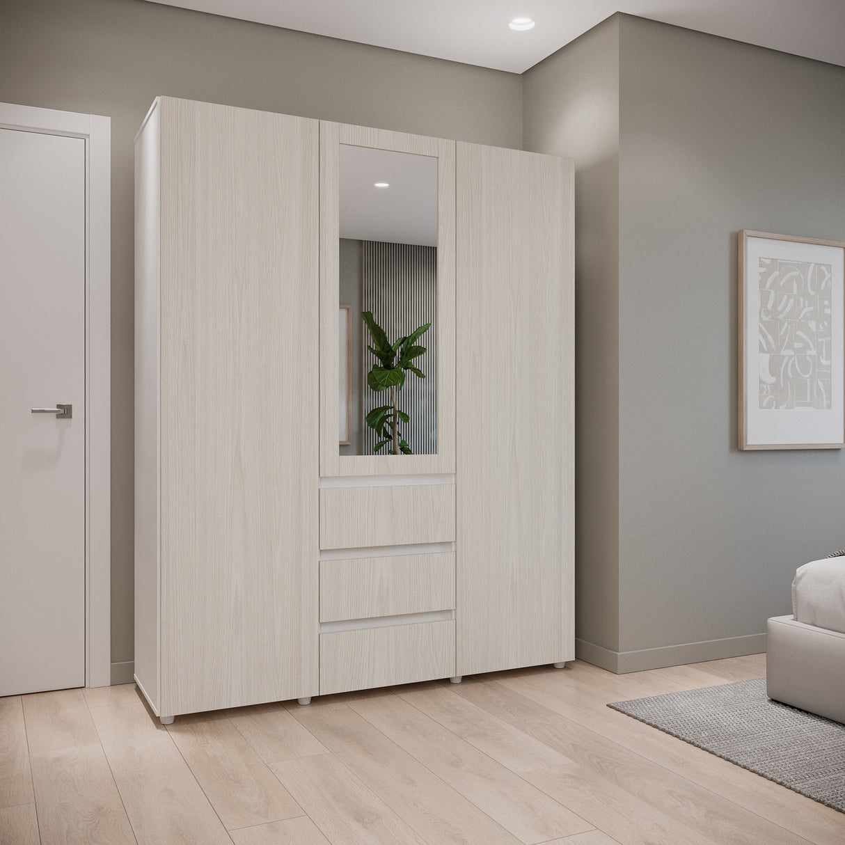 Closet Java Niebla y Blanco 160x200cm con Tres Cajones con Cinco Compartimientos y con Espejo - CLOSETS | Bylmo