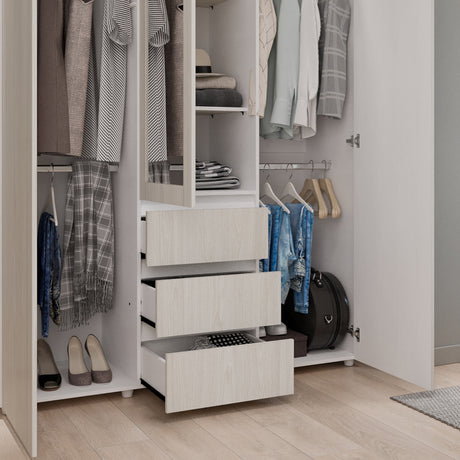 Closet Java Niebla y Blanco 160x200cm con Tres Cajones con Cinco Compartimientos y con Espejo - CLOSETS | Bylmo