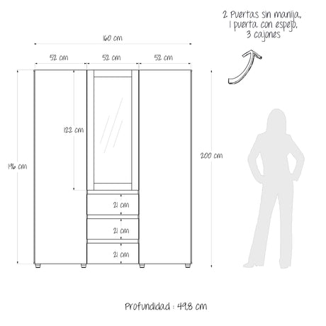 Closet Java Rovere y Blanco 160x200cm con Tres Cajones con Cinco Compartimientos y con Espejo - CLOSETS | Bylmo