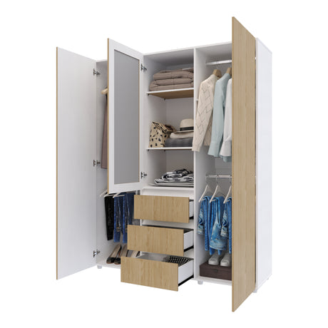 Closet Java Rovere y Blanco 160x200cm con Tres Cajones con Cinco Compartimientos y con Espejo - CLOSETS | Bylmo