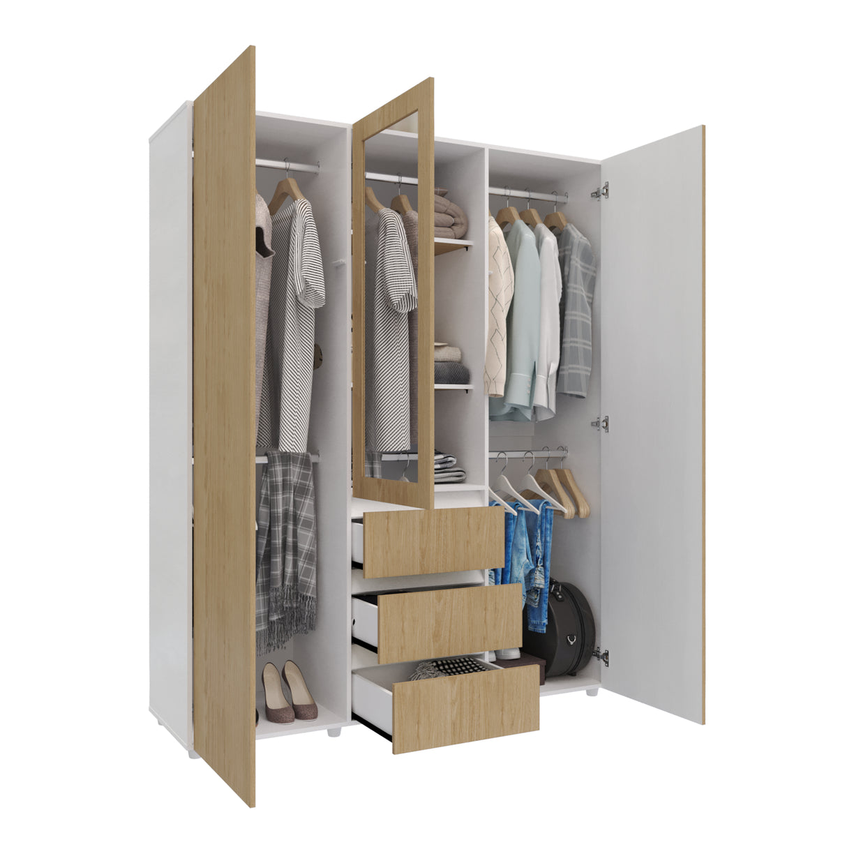 Closet Java Rovere y Blanco 160x200cm con Tres Cajones con Cinco Compartimientos y con Espejo - CLOSETS | Bylmo