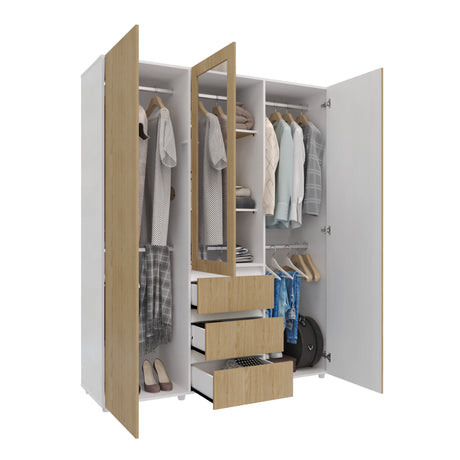 Closet Java Rovere y Blanco 160x200cm con Tres Cajones con Cinco Compartimientos y con Espejo - CLOSETS | Bylmo