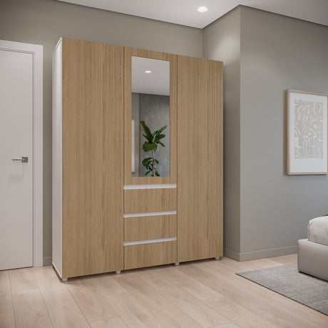 Closet Java Rovere y Blanco 160x200cm con Tres Cajones con Cinco Compartimientos y con Espejo - CLOSETS | Bylmo