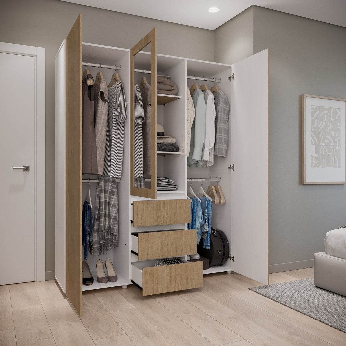 Closet Java Rovere y Blanco 160x200cm con Tres Cajones con Cinco Compartimientos y con Espejo - CLOSETS | Bylmo