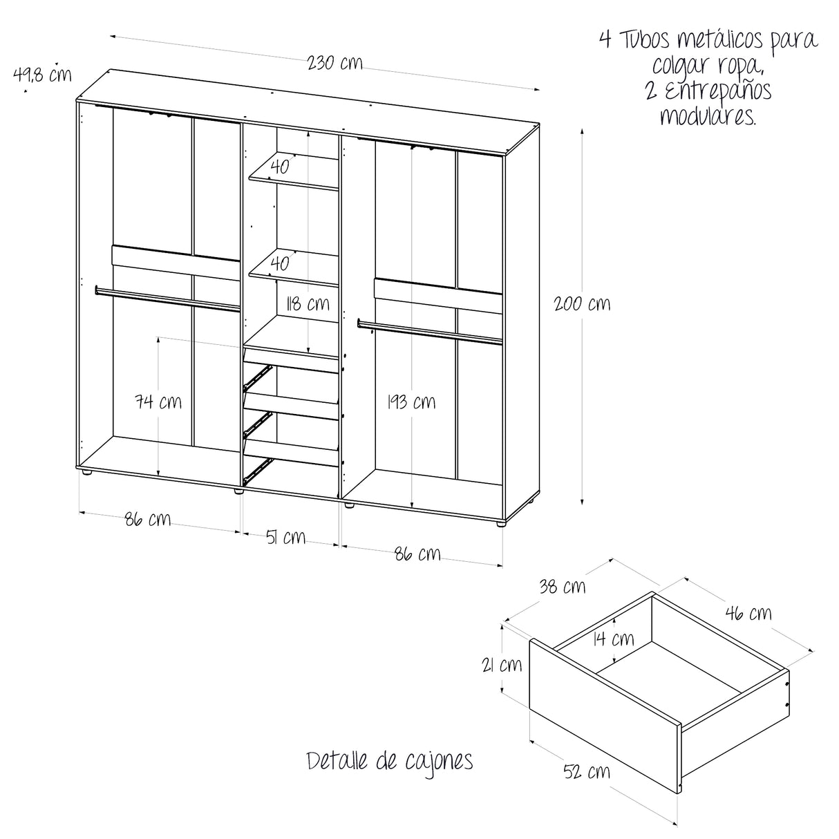 Closet Java Niebla y Blanco 230x200cm con Tres Cajones con Cinco Compartimientos y con Espejo - CLOSETS | Bylmo