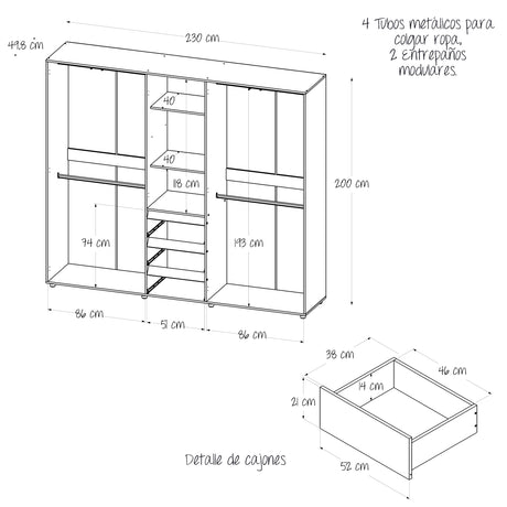 Closet Java Niebla y Blanco 230x200cm con Tres Cajones con Cinco Compartimientos y con Espejo - CLOSETS | Bylmo