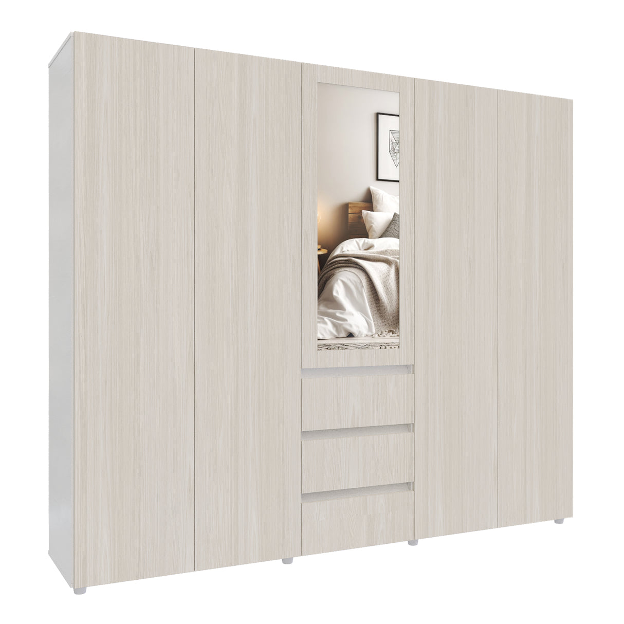 Closet Java Niebla y Blanco 230x200cm con Tres Cajones con Cinco Compartimientos y con Espejo - CLOSETS | Bylmo