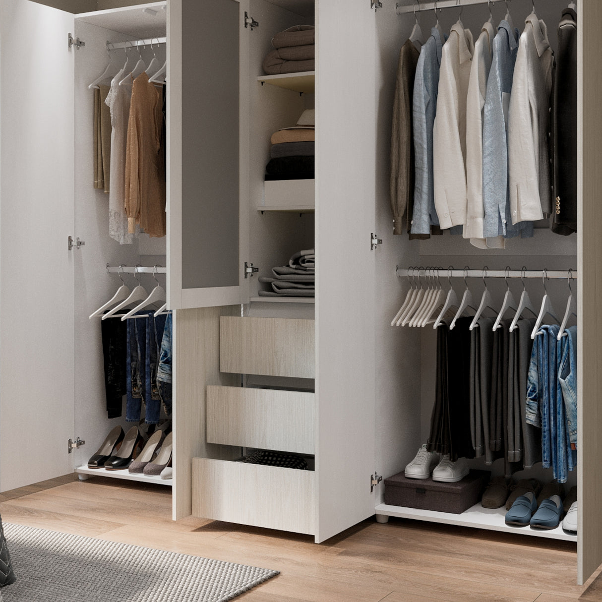 Closet Java Niebla y Blanco 230x200cm con Tres Cajones con Cinco Compartimientos y con Espejo - CLOSETS | Bylmo