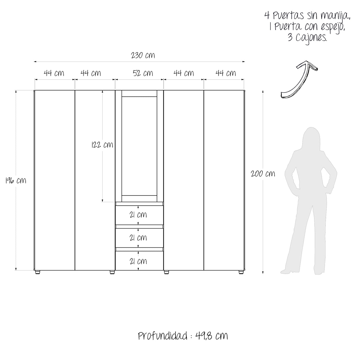 Closet Java Rovere y Blanco 230x200cm con Tres Cajones con Cinco Compartimientos y con Espejo - CLOSETS | Bylmo