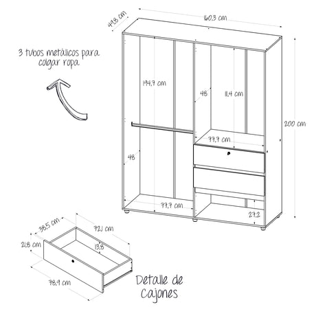 Closet Luanda Duna y Blanco 160x200cm con Dos Cajones con Tres Compartimientos y con Espejo - CLOSETS | Bylmo