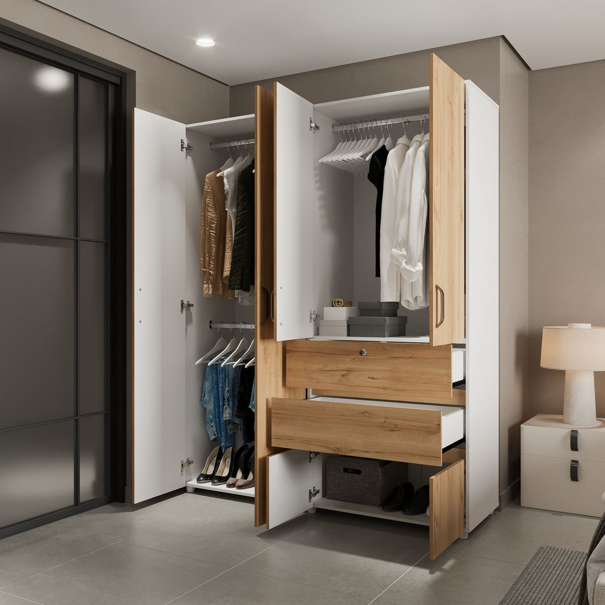 Closet Luanda Duna y Blanco 160x200cm con Dos Cajones con Tres Compartimientos y con Espejo - CLOSETS | Bylmo