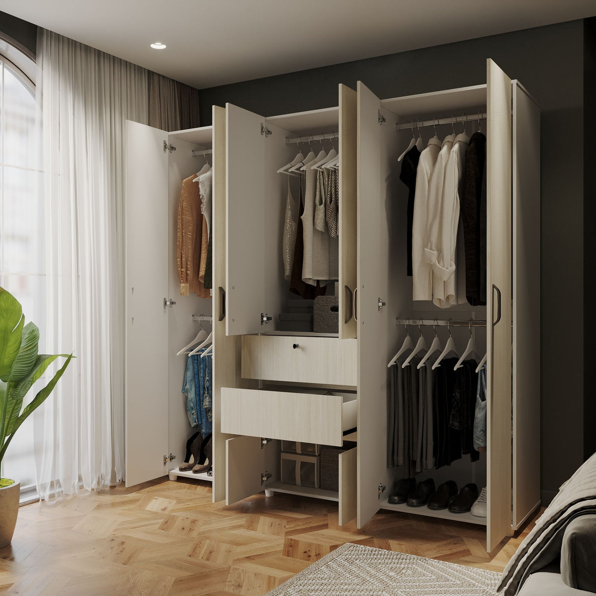 Closet Luanda Niebla y Blanco 200x200cm con Dos Cajones y con Cuatro Compartimientos - CLOSETS | Bylmo