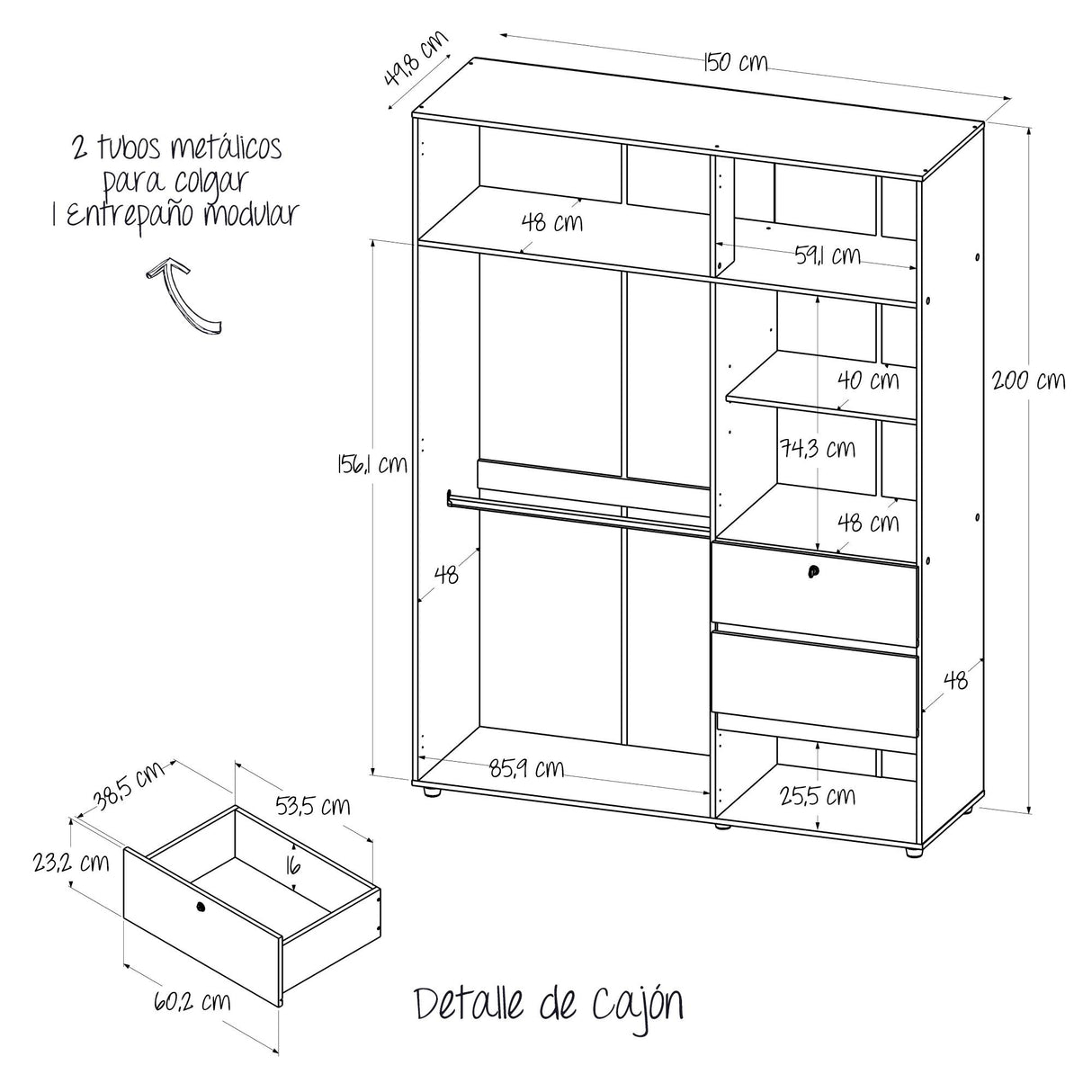 Closet Riga Duna y Blanco 150x200cm con Dos Cajones y con Seis Compartimientos - CLOSETS | Bylmo