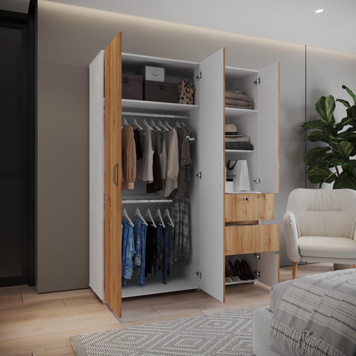 Closet Riga Duna y Blanco 150x200cm con Dos Cajones y con Seis Compartimientos - CLOSETS | Bylmo
