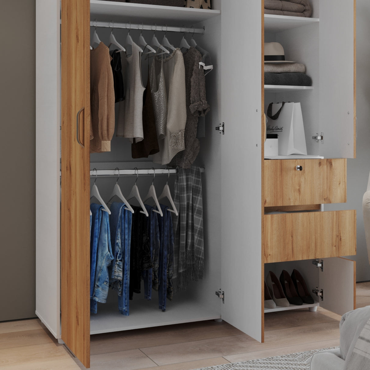 Closet Riga Duna y Blanco 150x200cm con Dos Cajones y con Seis Compartimientos - CLOSETS | Bylmo