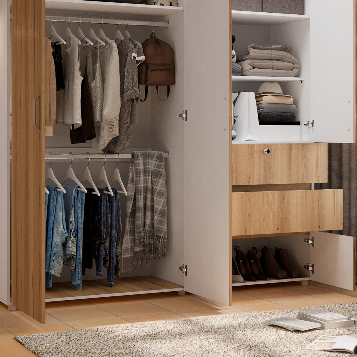 Closet Riga Duna y Blanco 190x200cm con Dos Cajones y con Seis Compartimientos - CLOSETS | Bylmo