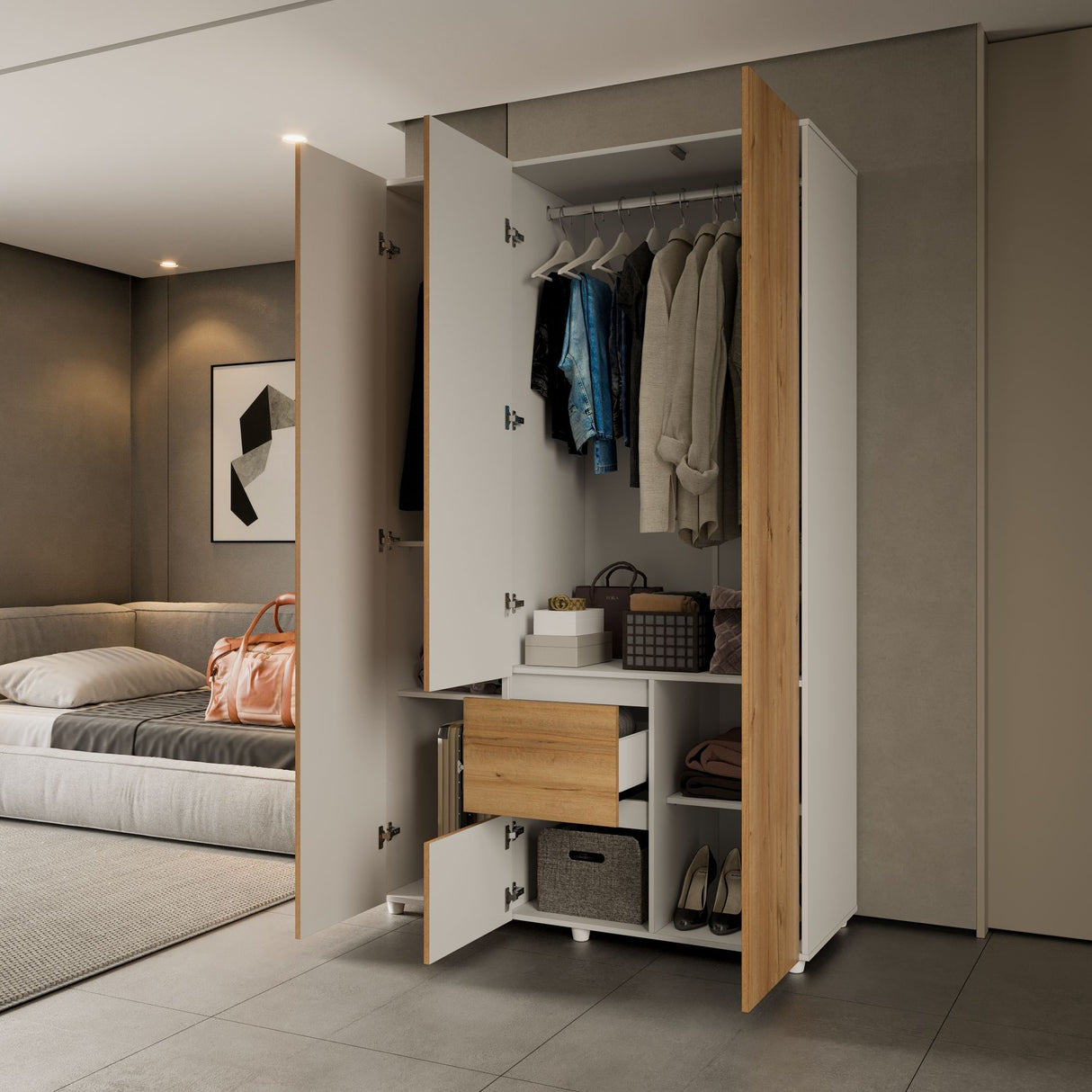 Closet Lemnos Duna y Blanco 120x200cm con Un Cajón y con Siete Compartimientos - CLOSETS | Bylmo