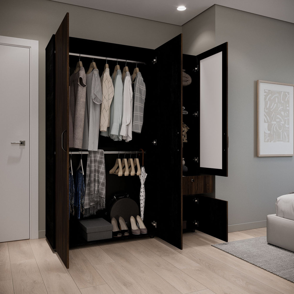 Closet Perla Fume y Wengue 160x200cm con Un Cajón con Seis Compartimientos y con Espejo - CLOSETS | Bylmo