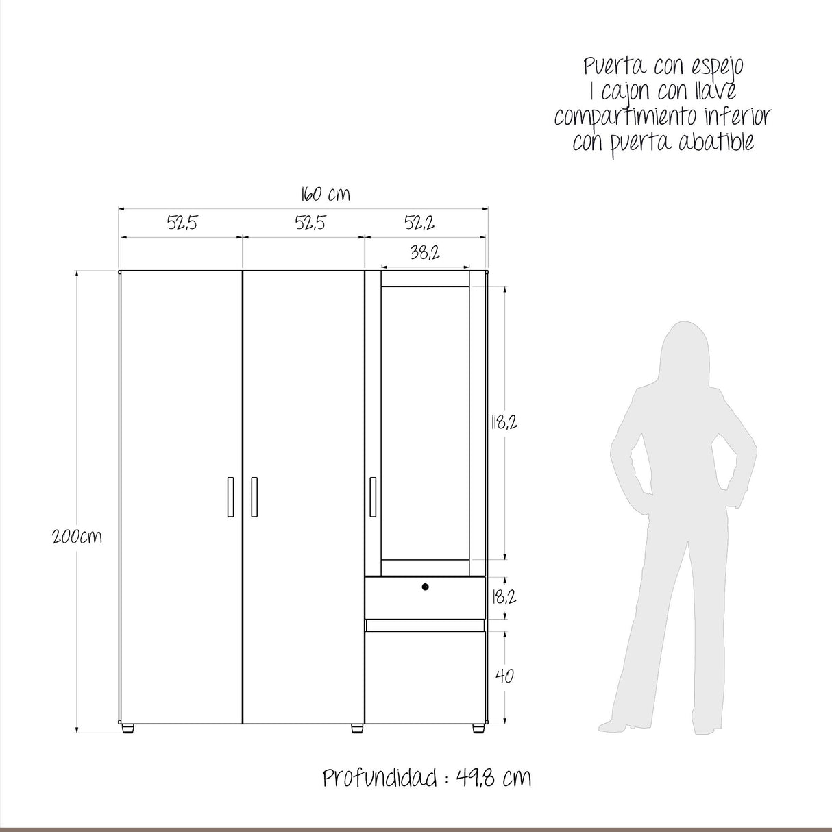 Closet Perla Fume y Wengue 160x200cm con Un Cajón con Seis Compartimientos y con Espejo - CLOSETS | Bylmo