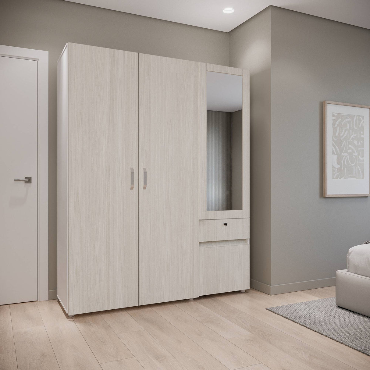 Closet Perla Niebla y Blanco 160x200cm con Un Cajón con Seis Compartimientos y con Espejo - CLOSETS | Bylmo