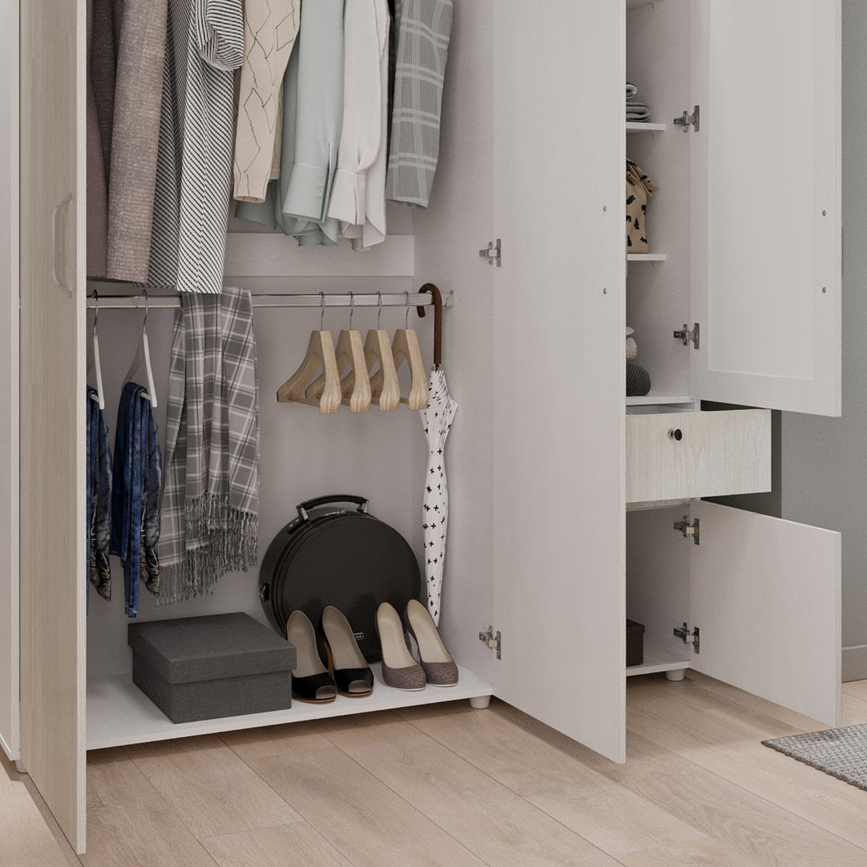 Closet Perla Niebla y Blanco 160x200cm con Un Cajón con Seis Compartimientos y con Espejo - CLOSETS | Bylmo