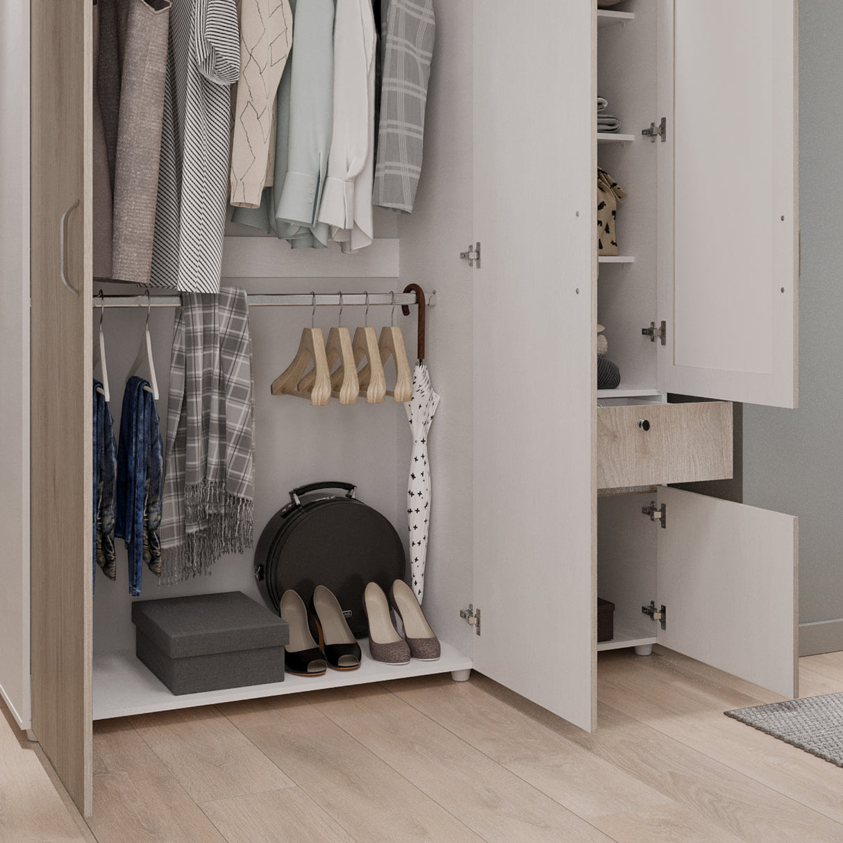 Closet Perla Ceniza y Blanco 160x200cm con Un Cajón con Seis Compartimientos y con Espejo - CLOSETS | Bylmo