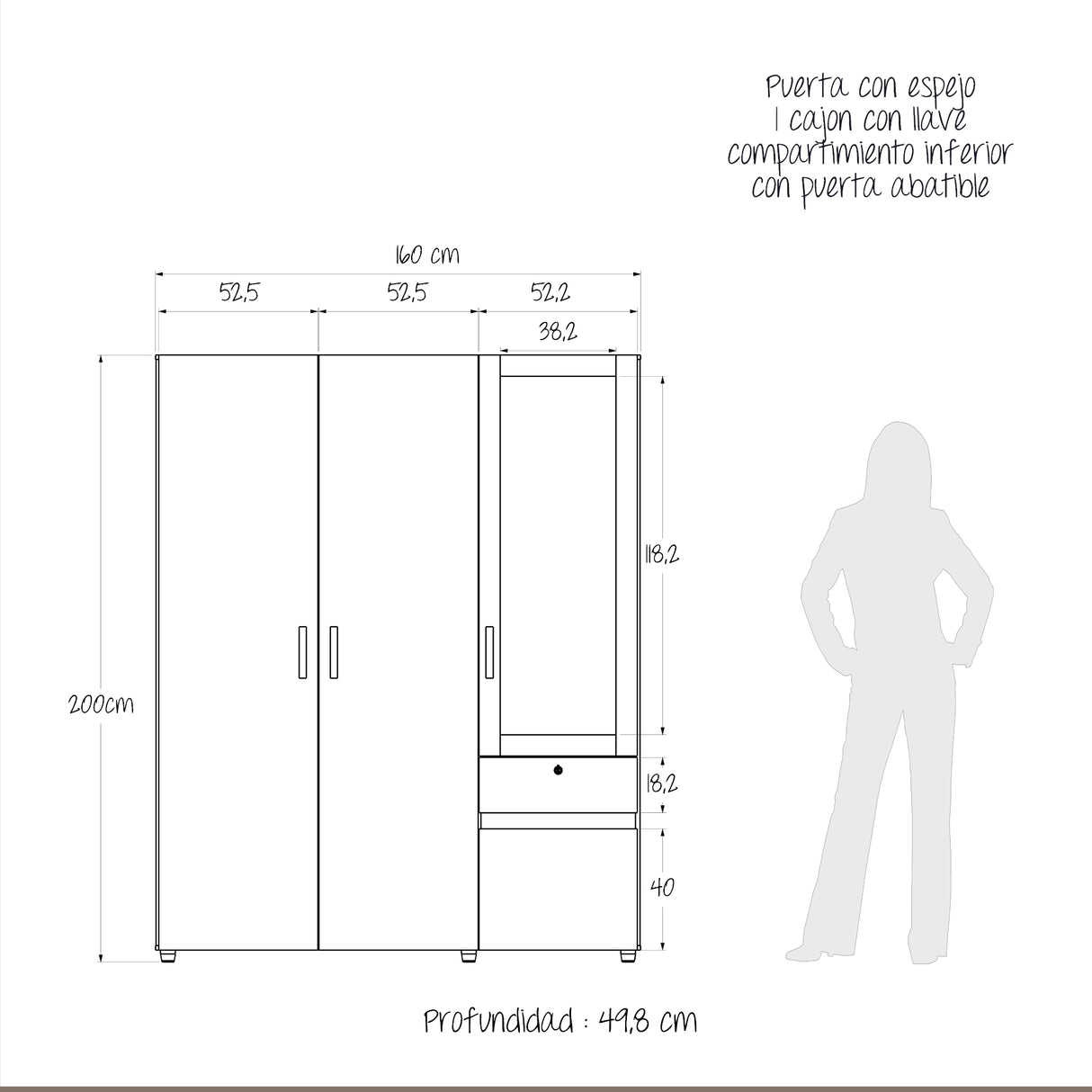 Closet Perla Ceniza y Blanco 160x200cm con Un Cajón con Seis Compartimientos y con Espejo - CLOSETS | Bylmo