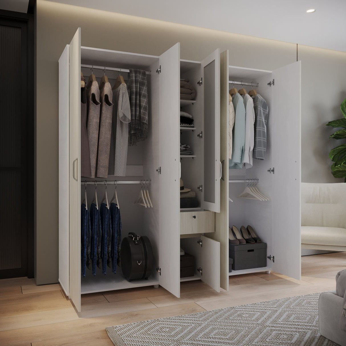 Closet Perla Niebla y Blanco 200x200cm con Un Cajón con Siete Compartimientos y con Espejo - CLOSETS | Bylmo