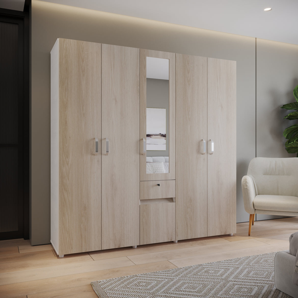 Closet Perla Ceniza y Blanco 200x200cm con Un Cajón con Siete Compartimientos y con Espejo - CLOSETS | Bylmo