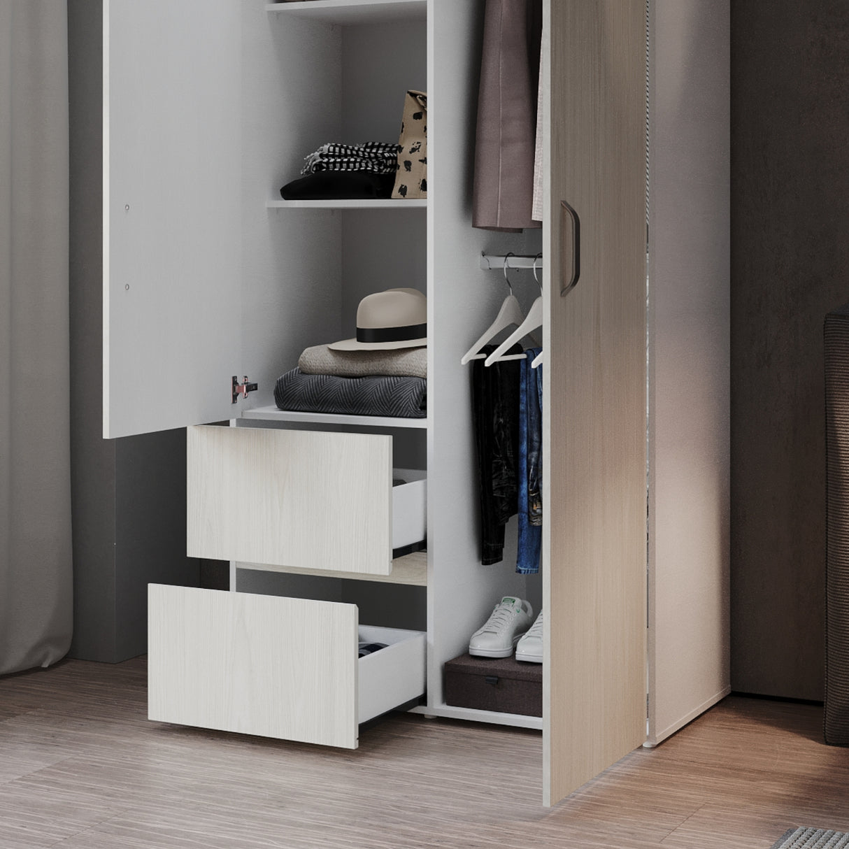 Closet Malabo Niebla y Blanco 100x198cm con Dos Cajones y con Dos Compartimientos - CLOSETS | Bylmo