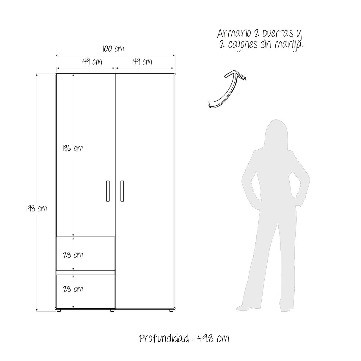 Closet Malabo Niebla y Blanco 100x198cm con Dos Cajones y con Dos Compartimientos - CLOSETS | Bylmo
