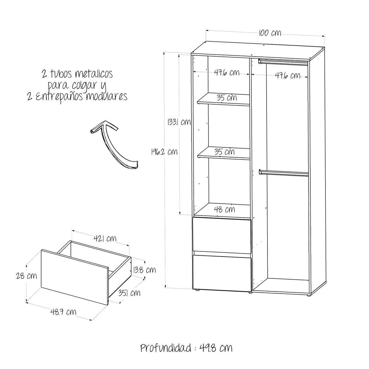 Closet Malabo Niebla y Blanco 100x198cm con Dos Cajones y con Dos Compartimientos - CLOSETS | Bylmo