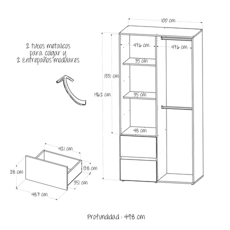 Closet Malabo Niebla y Blanco 100x198cm con Dos Cajones y con Dos Compartimientos - CLOSETS | Bylmo
