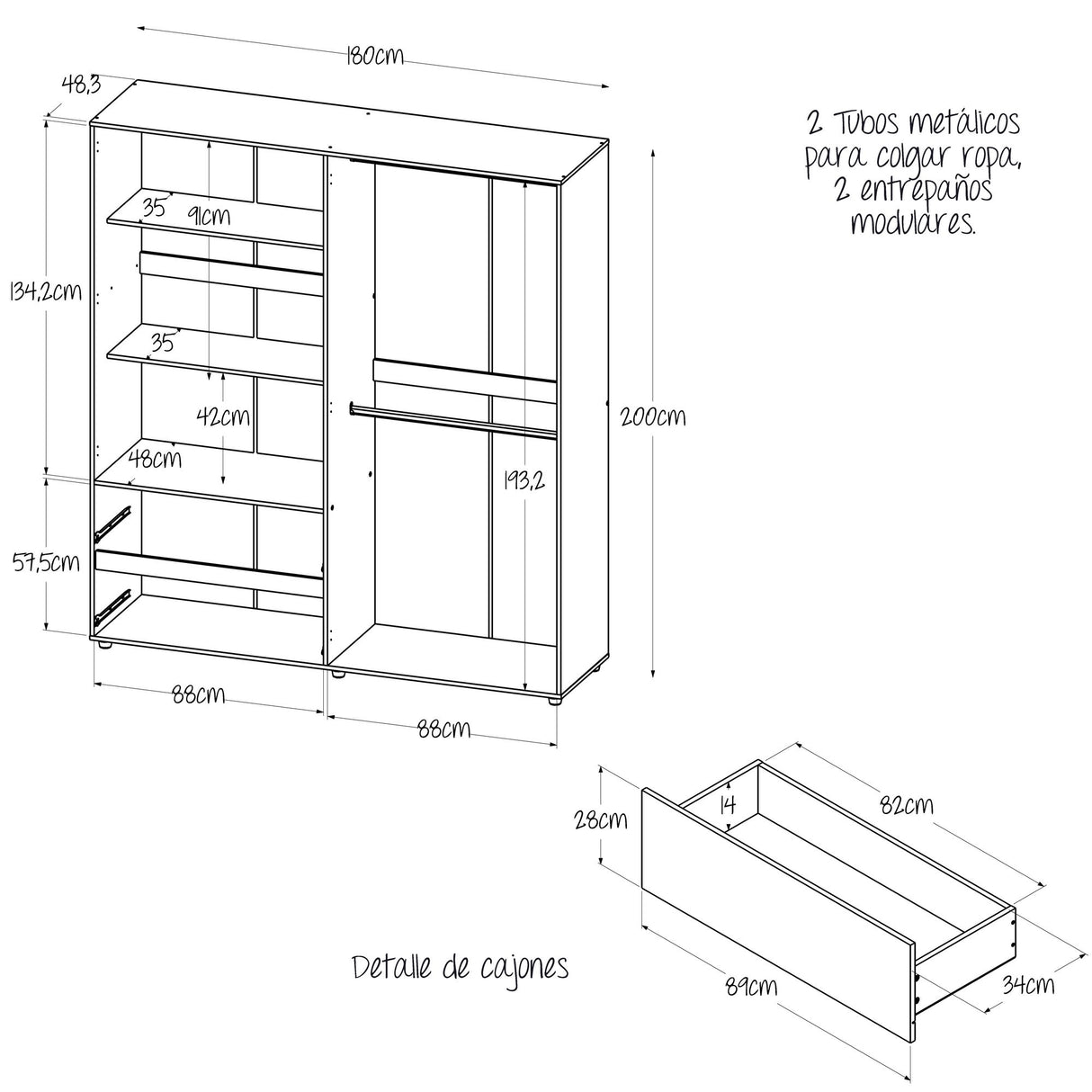 Closet Malabo Niebla y Blanco 180x200cm con Dos Cajones y con Tres Compartimientos - CLOSETS | Bylmo
