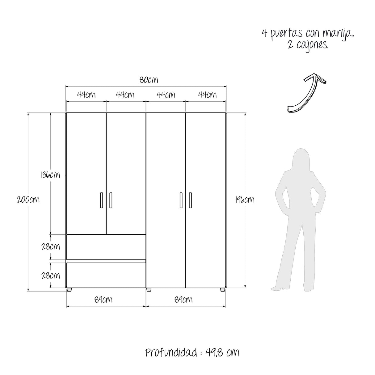 Closet Malabo Gales y Wengue 180x200cm con Dos Cajones y con Tres Compartimientos - CLOSETS | Bylmo