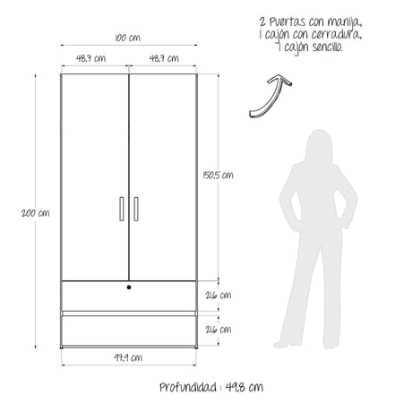 Closet Tripoli Blanco y Niebla 100x200cm con Dos Cajones y con Dos Compartimientos - CLOSETS | Bylmo
