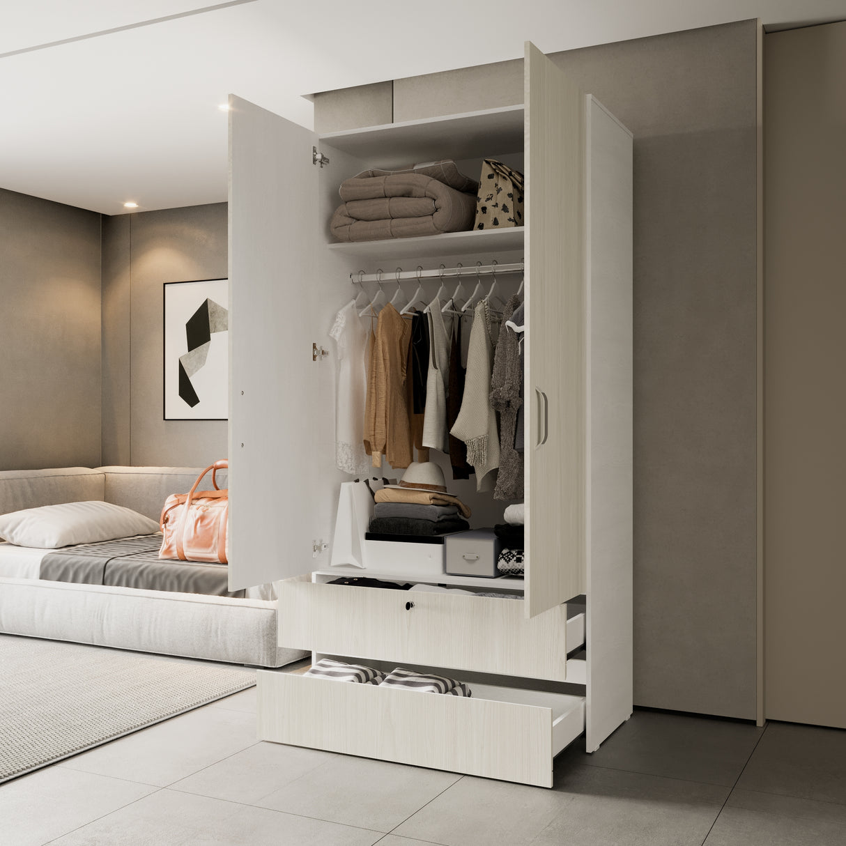 Closet Tripoli Blanco y Niebla 100x200cm con Dos Cajones y con Dos Compartimientos - CLOSETS | Bylmo