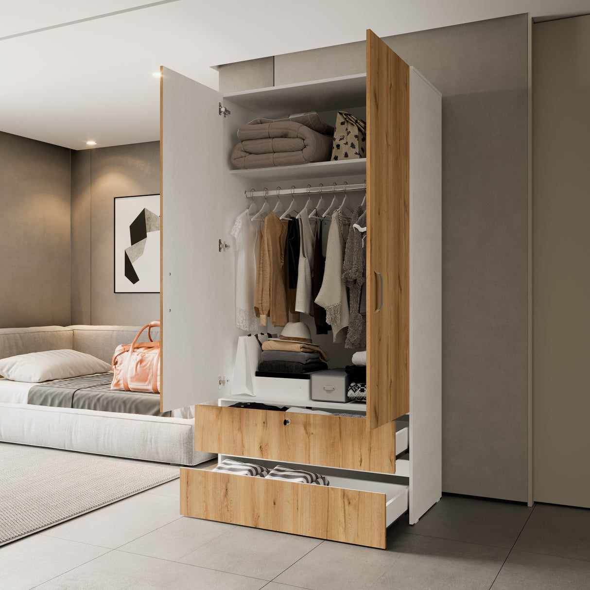 Closet Tripoli Blanco y Duna 100x200cm con Dos Cajones y con Dos Compartimientos - CLOSETS | Bylmo