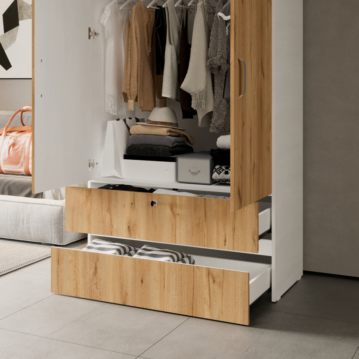 Closet Tripoli Blanco y Duna 100x200cm con Dos Cajones y con Dos Compartimientos - CLOSETS | Bylmo