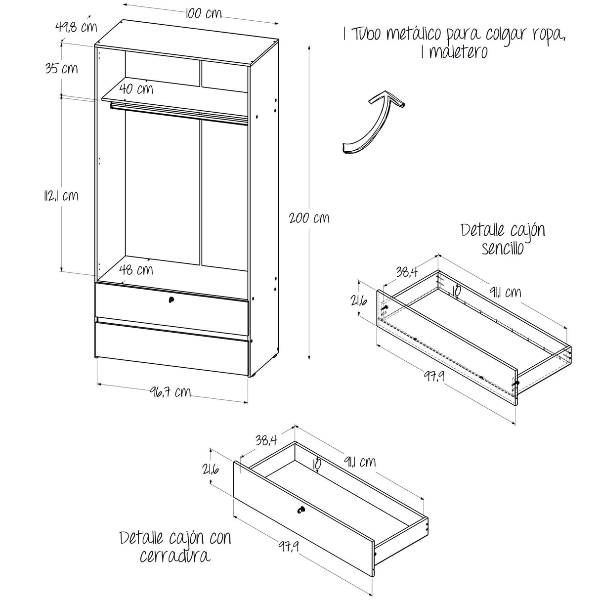 Closet Tripoli Blanco y Duna 100x200cm con Dos Cajones y con Dos Compartimientos - CLOSETS | Bylmo