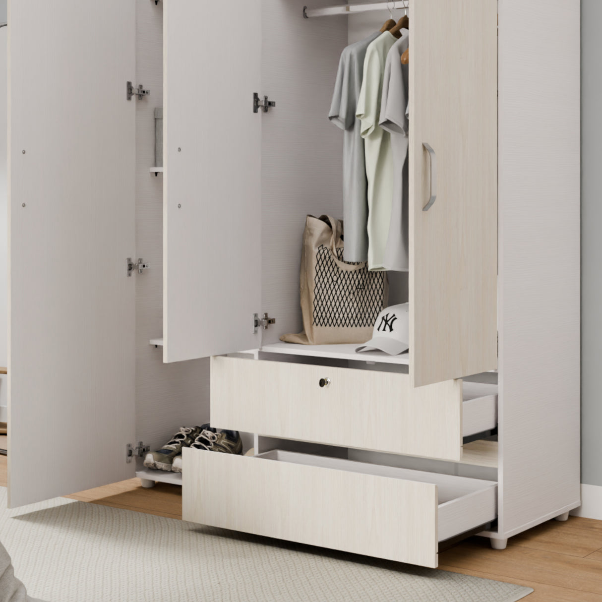Closet Tripoli Blanco y Niebla 140x200cm con Dos Cajones y con Seis Compartimientos - CLOSETS | Bylmo
