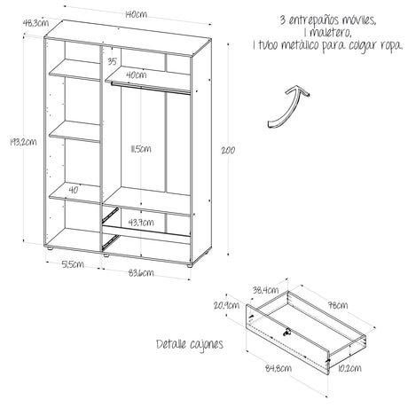 Closet Tripoli Wengue y Gales 140x200cm con Dos Cajones y con Seis Compartimientos - CLOSETS | Bylmo