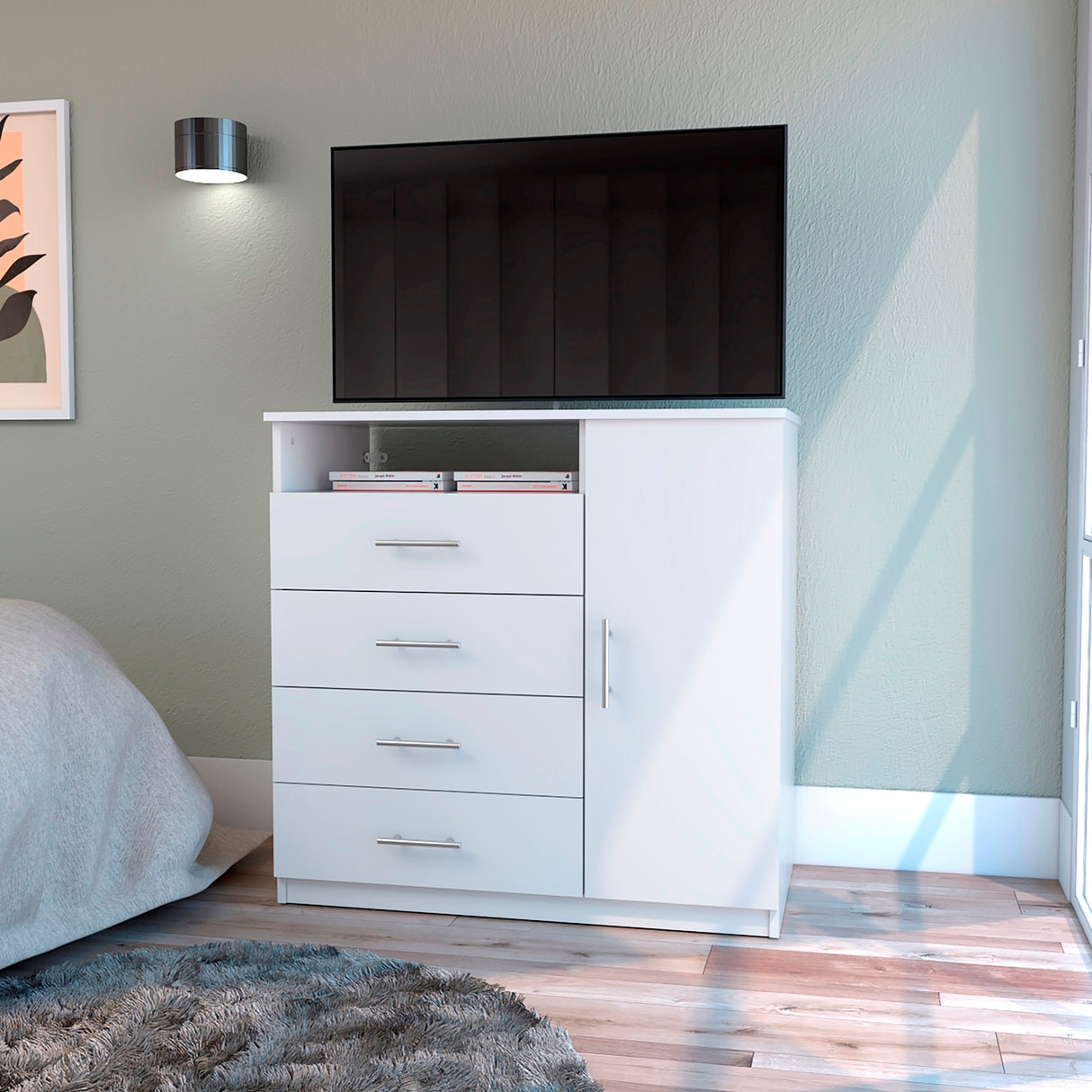 Cómoda Peru Blanco 91x89.2cm de Cinco Hileras con Cuatro Cajones y con Espacio para TV - CAJONERAS Y COMODAS | Bylmo
