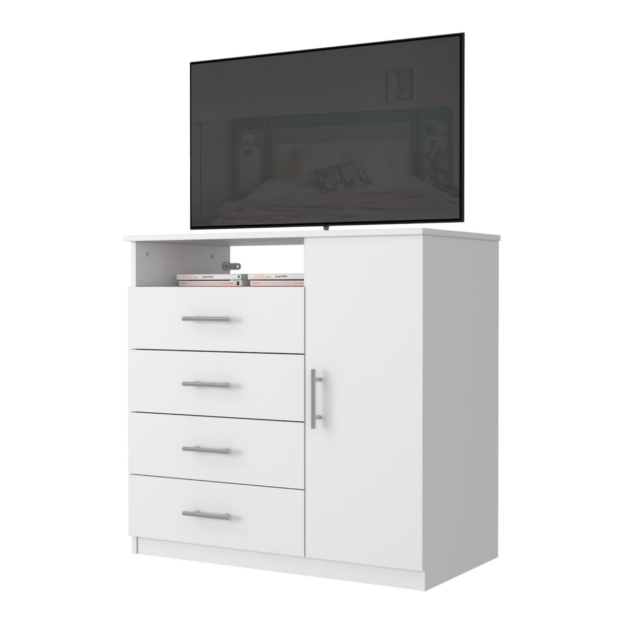 Cómoda Peru Blanco 91x89.2cm de Cinco Hileras con Cuatro Cajones y con Espacio para TV - CAJONERAS Y COMODAS | Bylmo