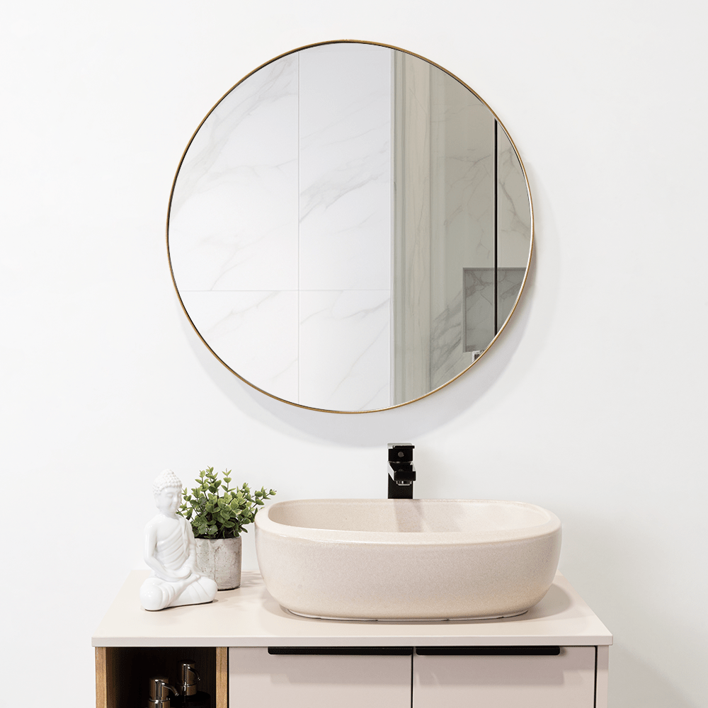 Espejo de Baño D58 Dorado y Gris 58x58cm Redondo con Marco Metalico - ESPEJOS DE BANHO | Bylmo