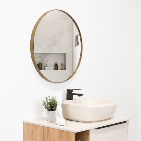 Espejo de Baño D58 Dorado y Gris 58x58cm Redondo con Marco Metalico - ESPEJOS DE BANHO | Bylmo