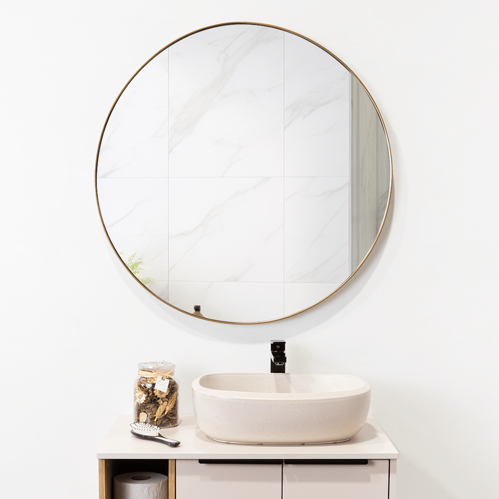 Espejo de Baño D80 Dorado y Gris 80x80cm Redondo con Marco Metalico - ESPEJOS DE BANHO | Bylmo