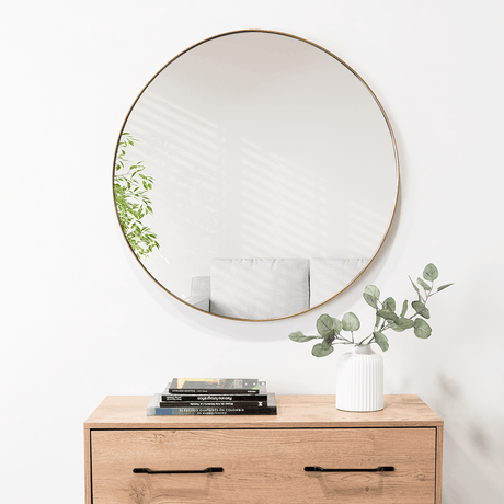 Espejo de Baño D80 Dorado y Gris 80x80cm Redondo con Marco Metalico - ESPEJOS DE BANHO | Bylmo