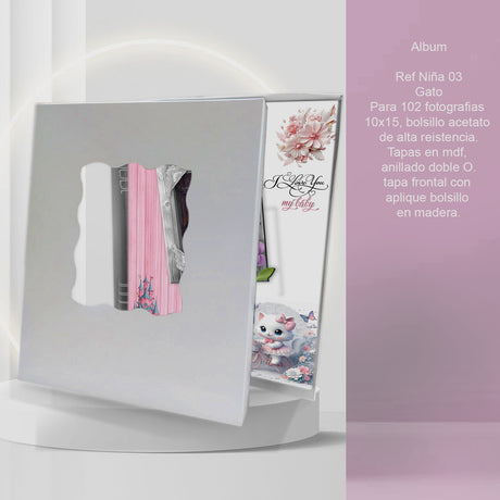 Álbum de Fotos Niña Gato Blanco y Rosado 24x32cm Argollado de Veinte Páginas - ALBUMES DE FOTOS | Bylmo